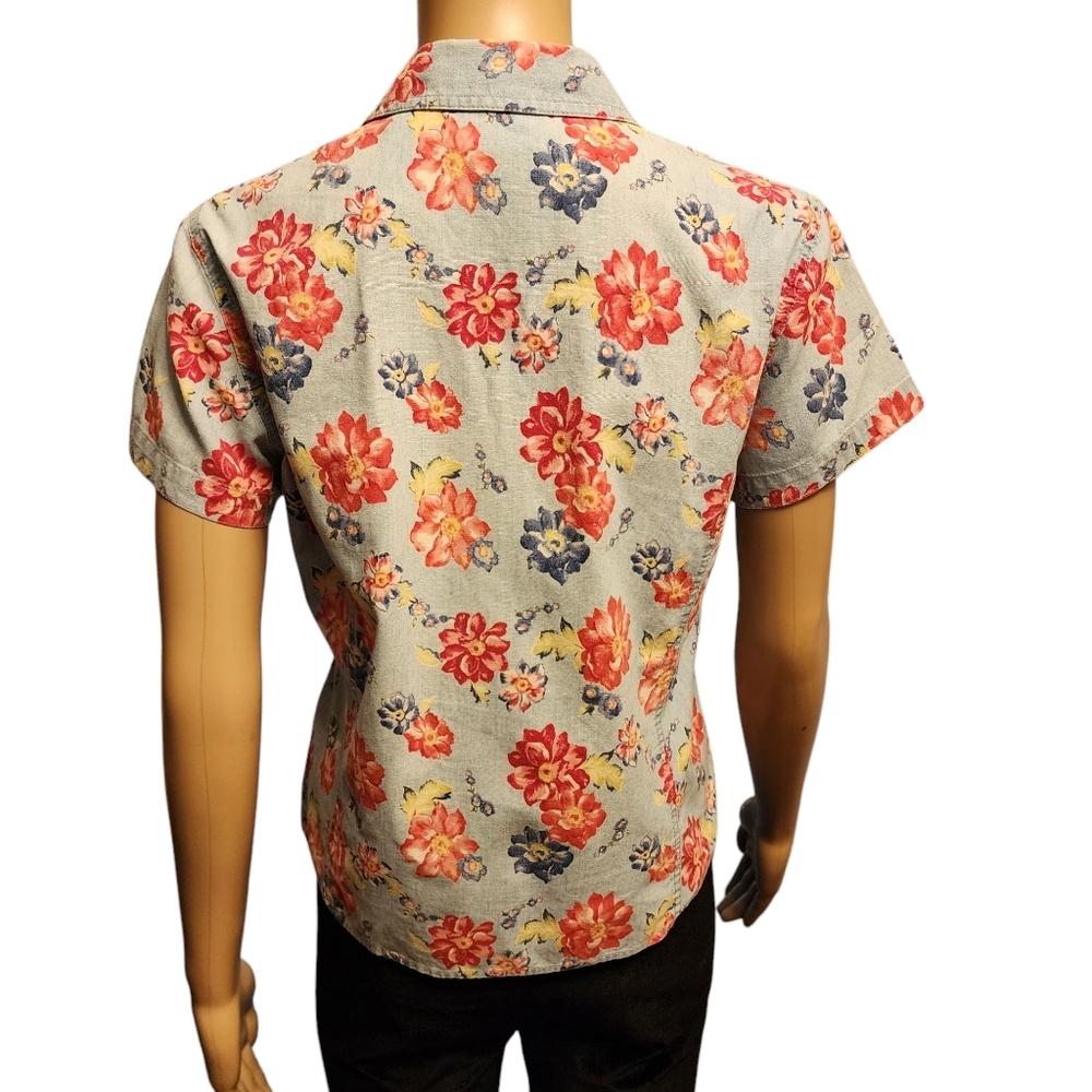 Liz Claiborne Floral Denim Snap Closure Short Sleeve Top Size Small Petite - Picture 5 of 13